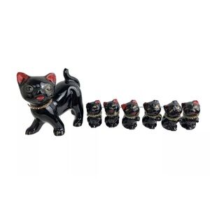 Vintage Japan Black Kitty Cat Figurine And 6 Kitten Ceramic RARE